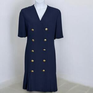 Vintage Ms Chaus Navy Blue Dress Gold Star Button Double Breasted Military Sz 16